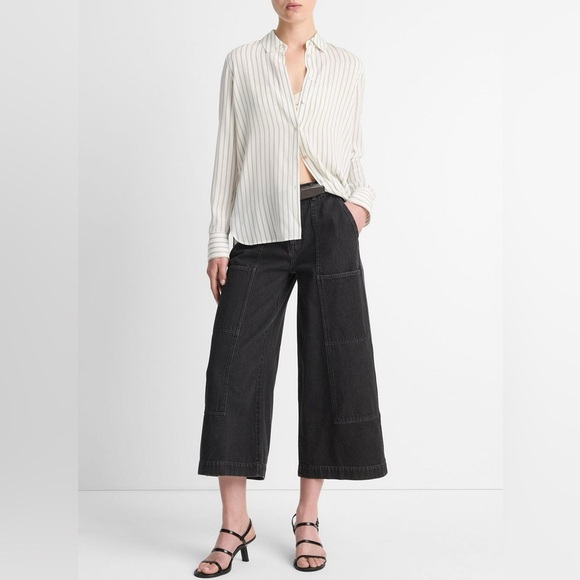 Vince Striped Silk Blend Twill Shirt Cream Black Excellent Size XS - Picture 10 of 12